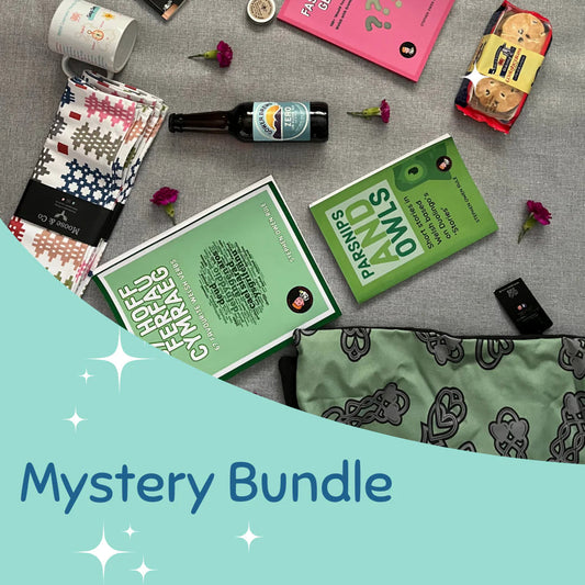 Mystery box of Welsh lifestyle and self care products, welsh learners book, sweet treats