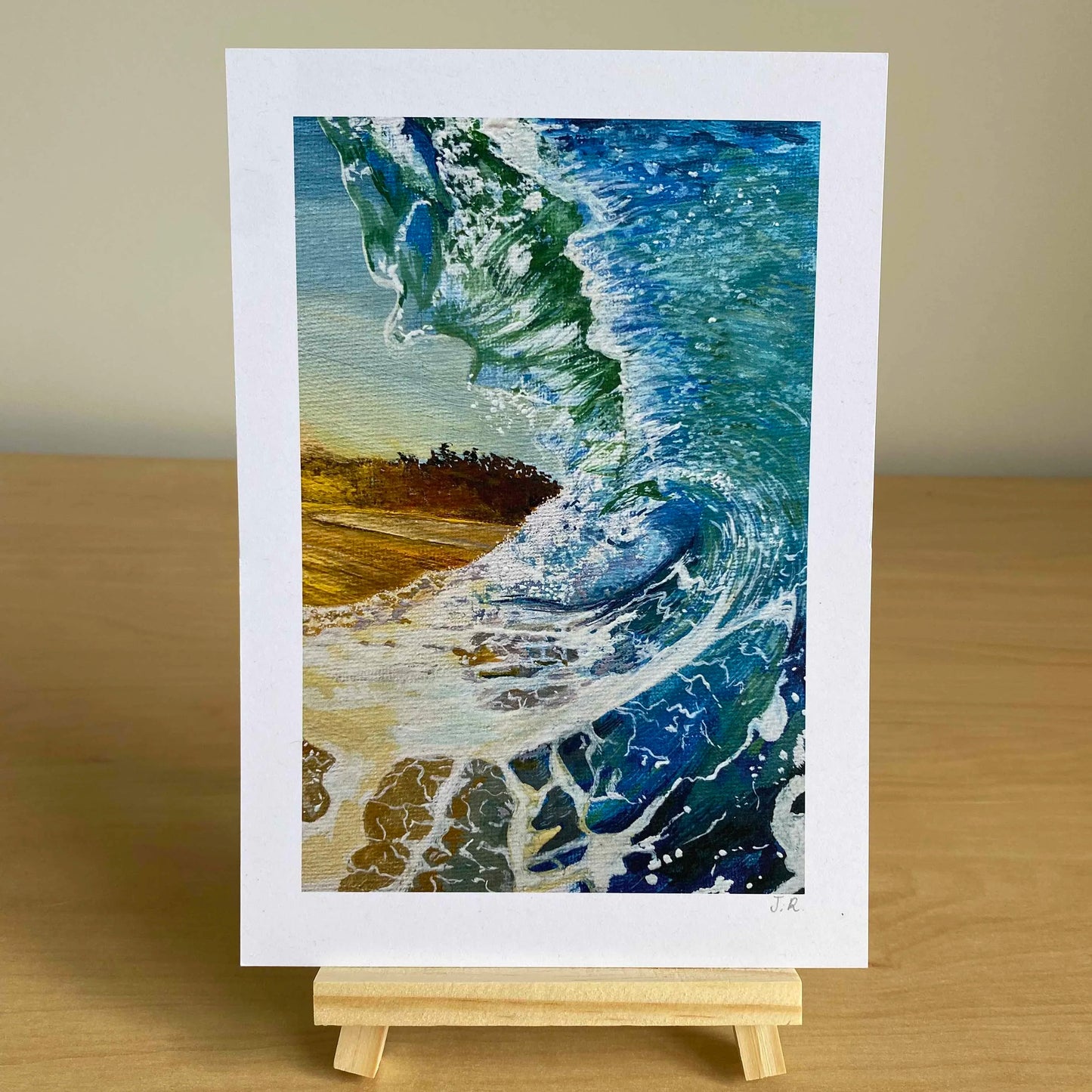 Minimal ocean print of wave crashing into the beach, for beach house or calm interiors, handmade in Wales.