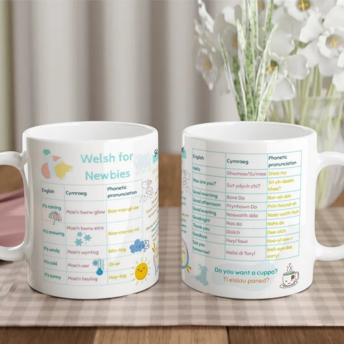 Educational Welsh language learning mug for beginners and students