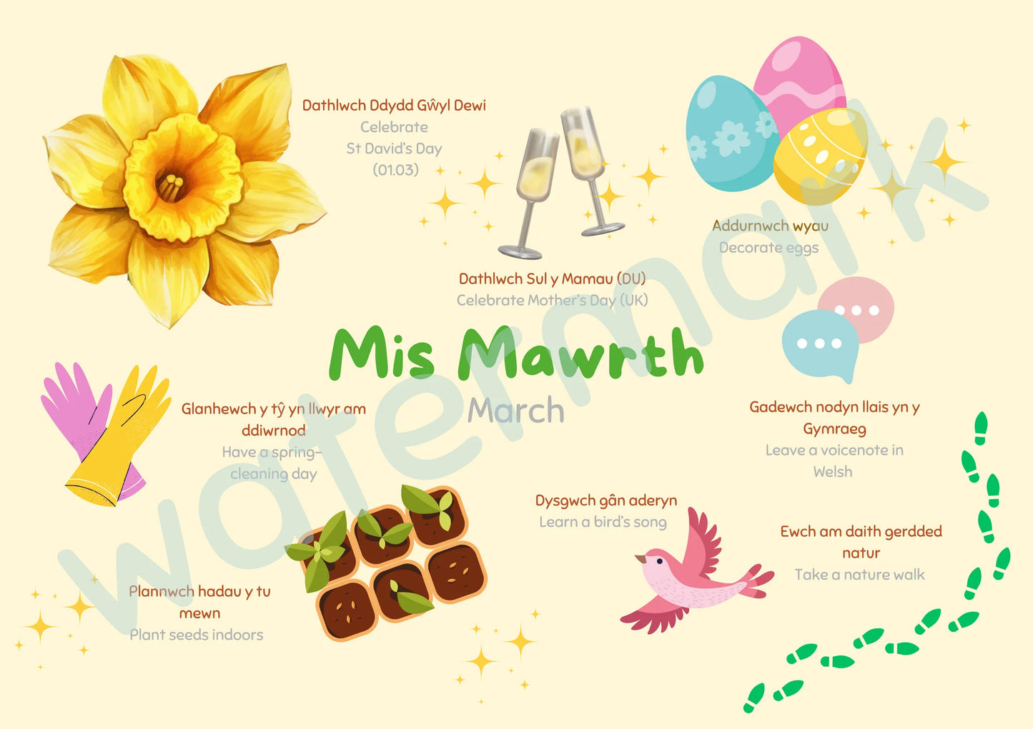 Welsh learners calendar 2026, showing Mis Mawrth, March. Great christmas gift. made in wales