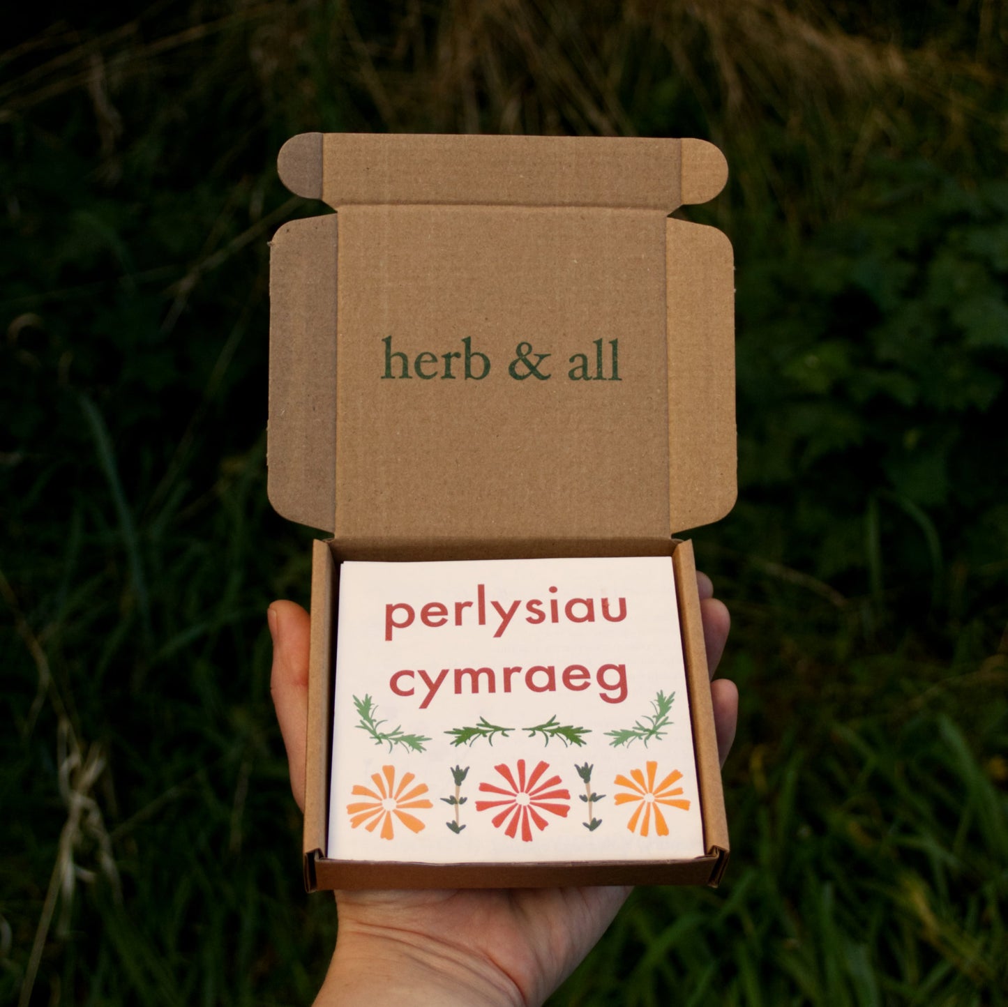 Open cardboard box with 'herb & all' branding against a natural background. Welsh Celtic herb garden seed kit with thyme, pot marigold, and rosemary